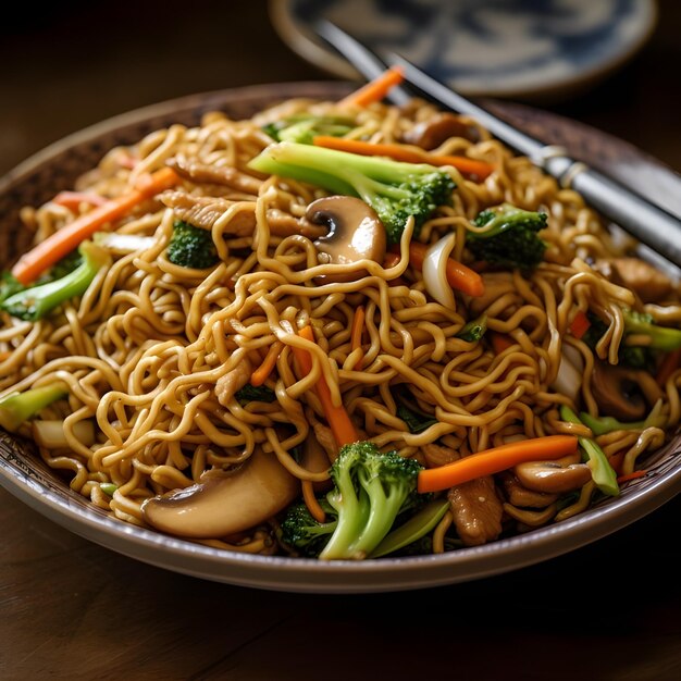 Un plato de fideos con brócoli y zanahorias.