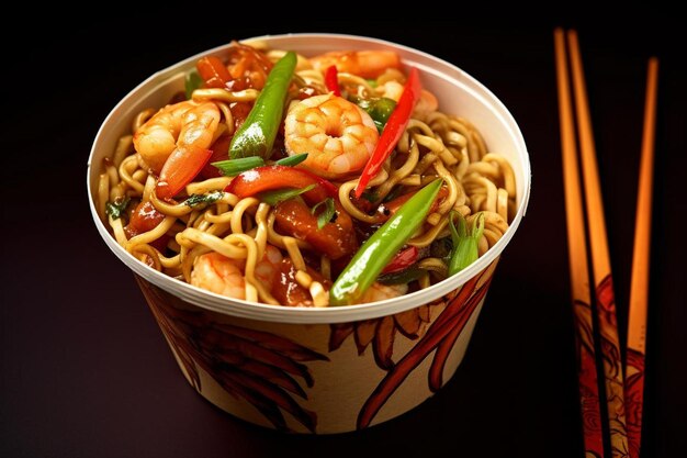 un plato de fideos y camarones con palillos