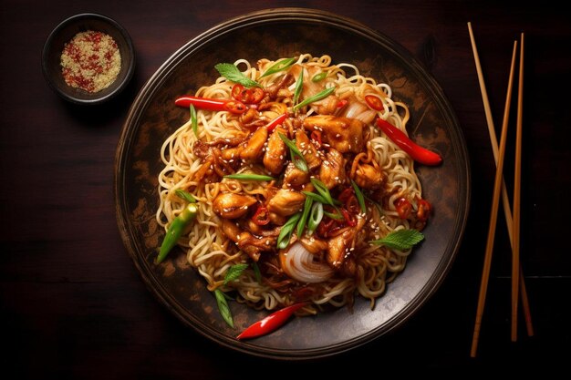 un plato de fideos con camarones y verduras