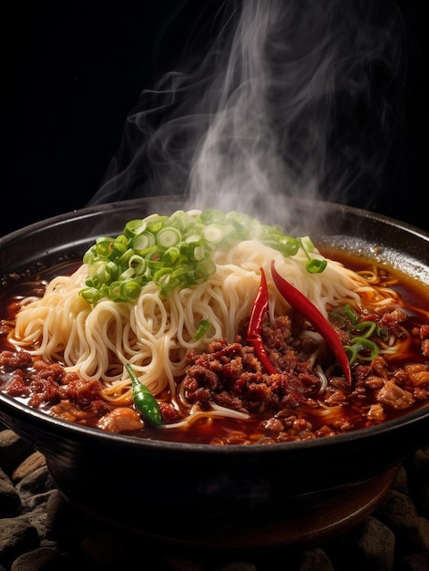 un plato de fideos con carne y verduras