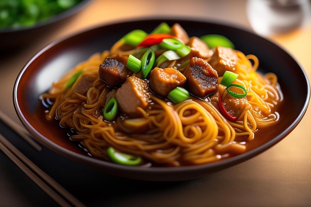 Un plato de fideos con una cebolla verde en la parte superior.