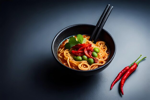 Un plato de fideos con chiles rojos sobre una mesa negra.