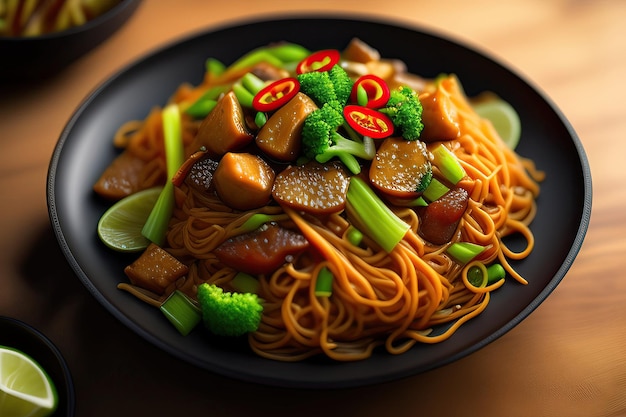 Un plato de fideos chinos Chow Mein y verduras en él