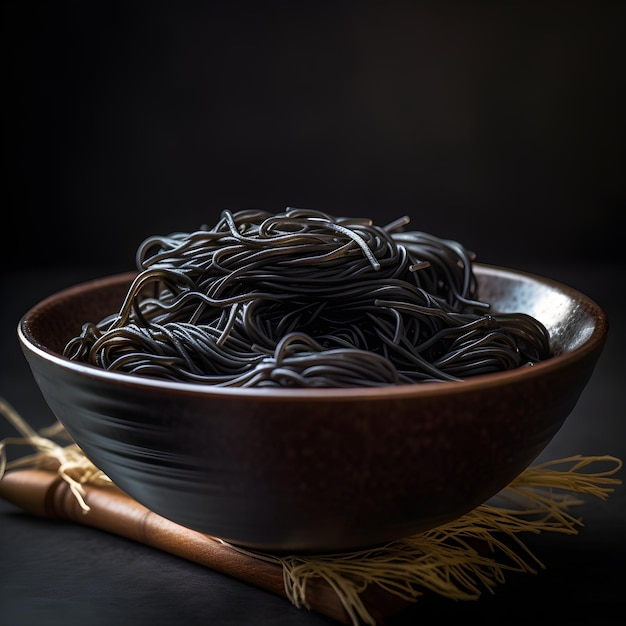 Un plato de fideos con una cuchara de madera a un lado.