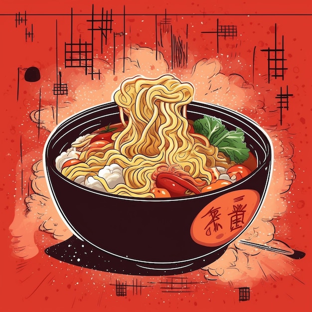 Un plato de fideos con un fondo rojo con un símbolo chino.