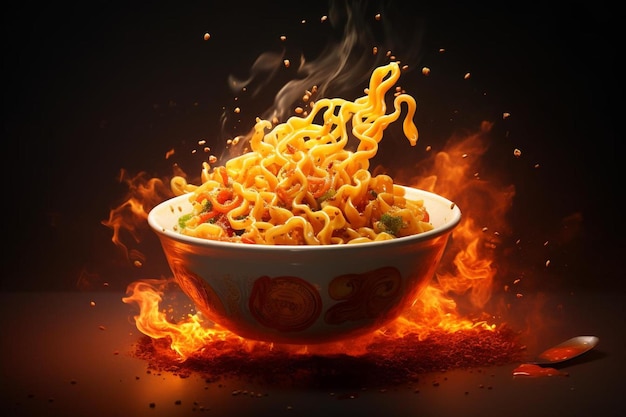 un plato de fideos en el fuego con una cuchara