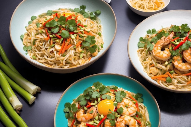 Un plato de fideos con gambas y verduras sobre una mesa.