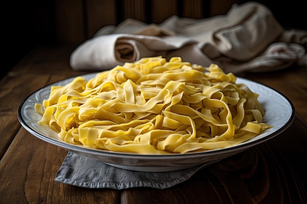 Plato de fideos de huevo caseros listos para ser cocinados y servidos