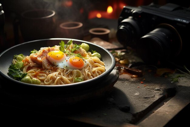 un plato de fideos con un huevo en la parte superior