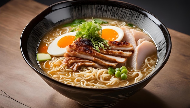 Foto un plato de fideos con huevo y verduras en él