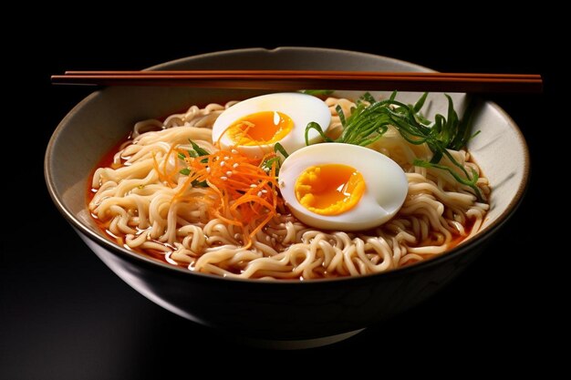 un plato de fideos con un huevo y zanahorias