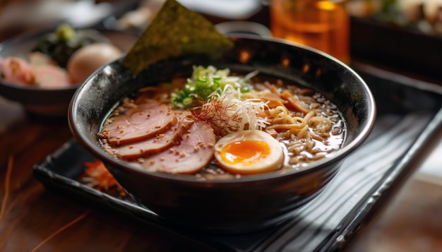 Un plato de fideos japoneses con mucho ramen.