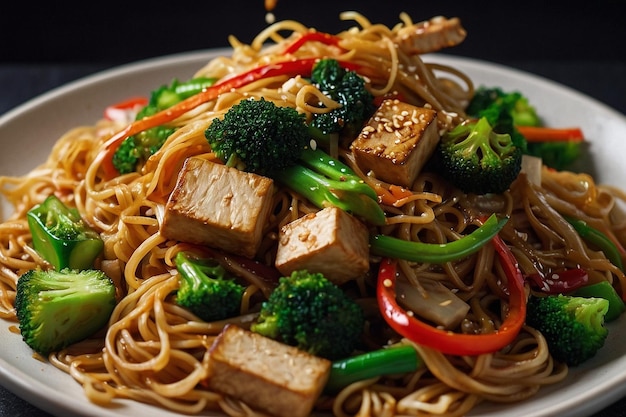 Foto un plato de fideos lo mein con tofu y verduras