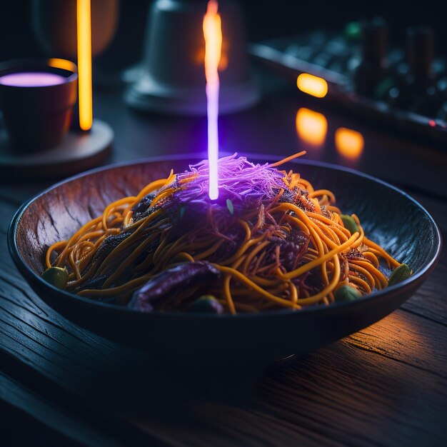 Un plato de fideos con una luz morada en el lateral.