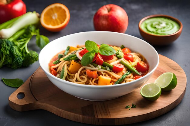 Un plato de fideos con una manzana verde al lado.