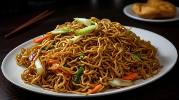 Un plato de fideos con un montón de verduras.