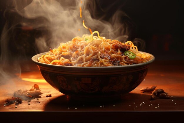 un plato de fideos con mucho humo saliendo de él