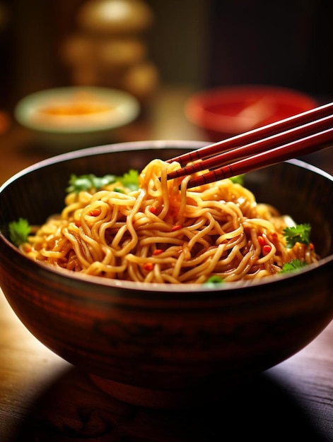 un plato de fideos con palillos en él