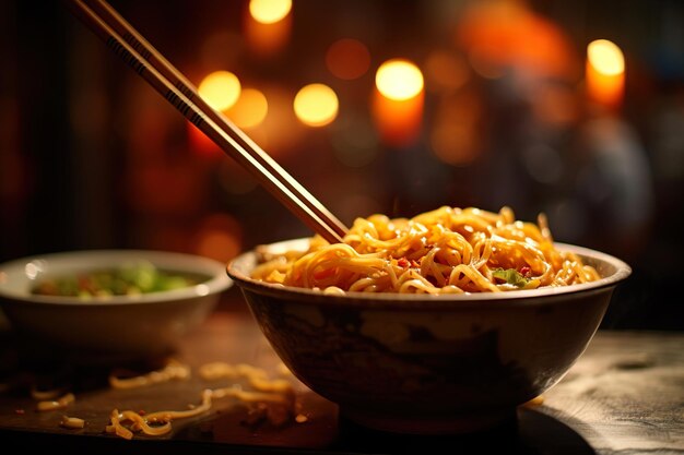 Foto un plato de fideos con palillos en una mesa de madera generativo ai