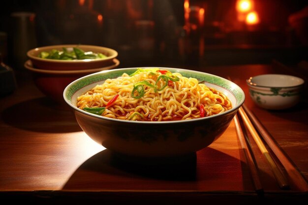 un plato de fideos y palillos en una mesa