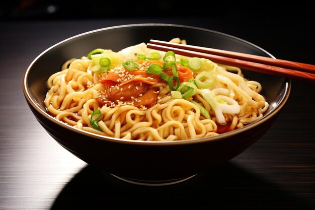 un plato de fideos y palillos en una mesa