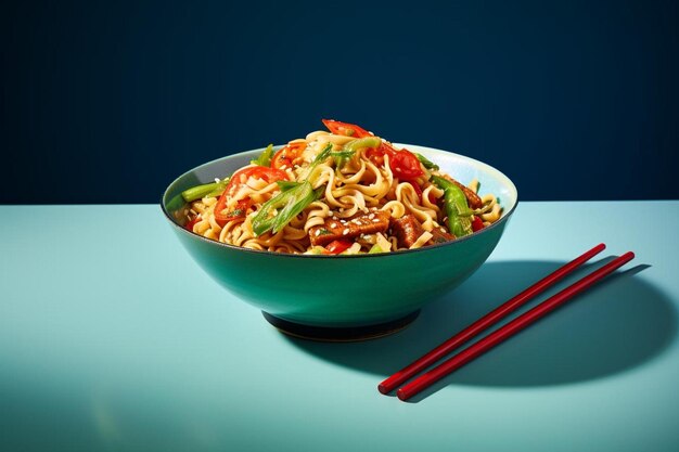 un plato de fideos y palillos en una mesa