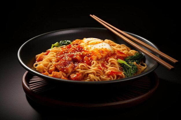 un plato de fideos y palillos en una mesa