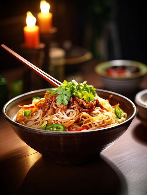 un plato de fideos y palillos en una mesa