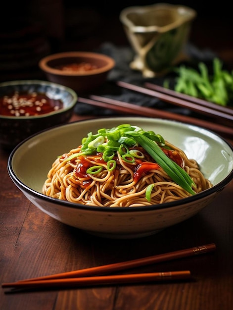 un plato de fideos y palillos en una mesa