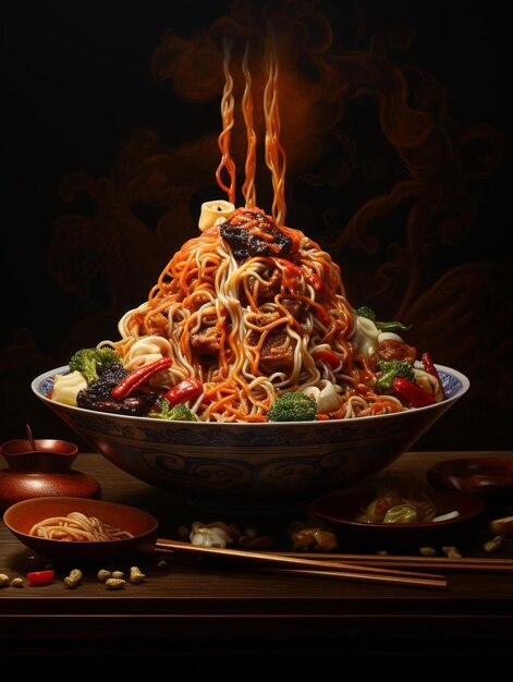 un plato de fideos con palillos en una mesa