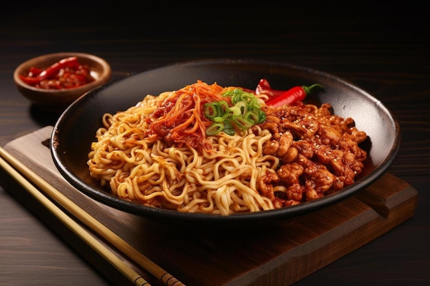 un plato de fideos y palillos en una mesa