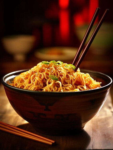 un plato de fideos con palillos en una mesa