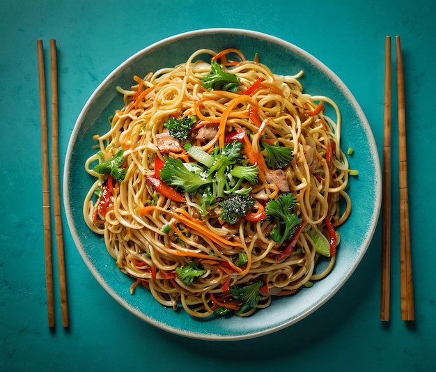 un plato de fideos con palillos y palillos en una mesa azul