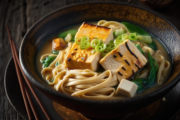 Plato de fideos panasiáticos con queso y tofu