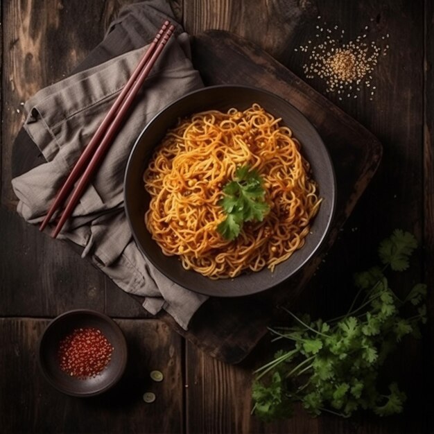 Un plato de fideos con un plato de chili sobre una mesa de madera.