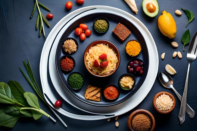 Un plato de fideos con un plato de fideos y verduras.