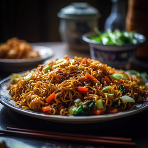 Un plato de fideos con un plato de verduras al lado.