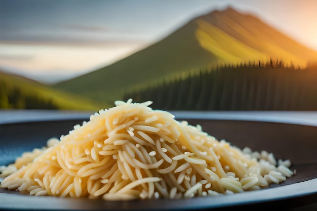 Un plato de fideos con una puesta de sol al fondo.