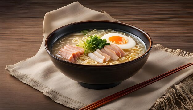 Foto un plato de fideos ramen con una cuchara y palillos