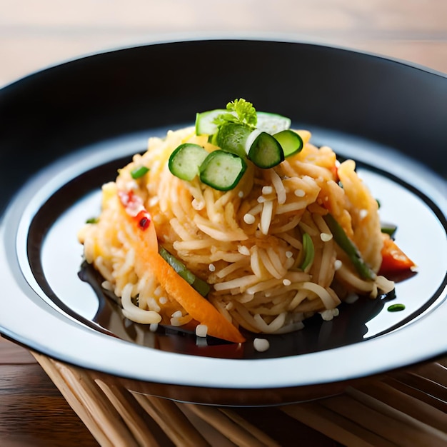 Un plato de fideos con una rodaja de pepino encima.