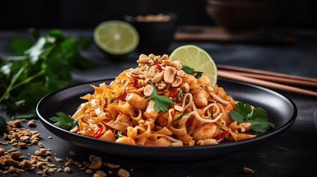 Un plato de fideos con salsa de maní y maní encima.