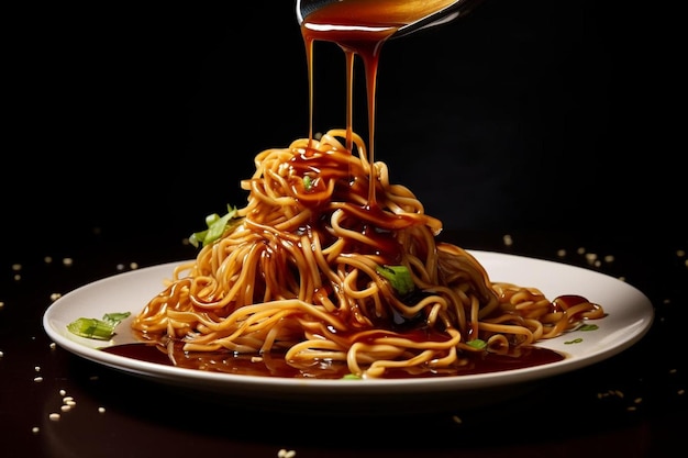 un plato de fideos con salsa rociando sobre él