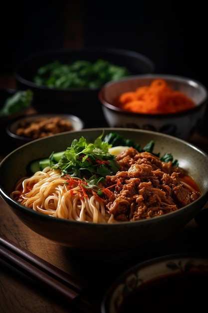 Un plato de fideos con salsa roja y vegetales verdes