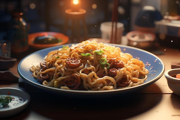 un plato de fideos y salsas en una mesa