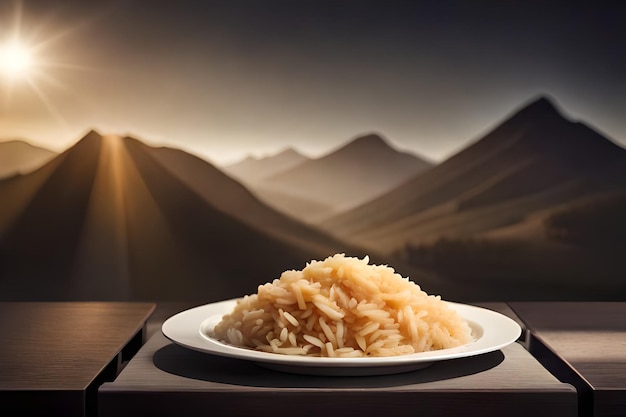 un plato de fideos con una sartén de arroz en la mesa.