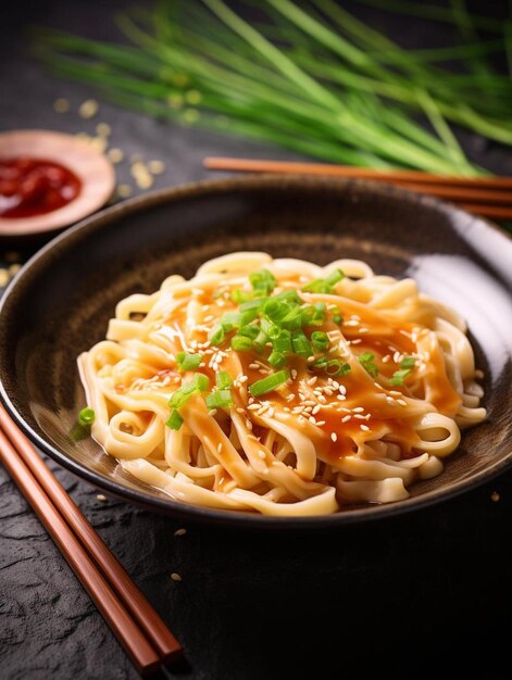 un plato de fideos con semillas de sésamo y cebollas verdes