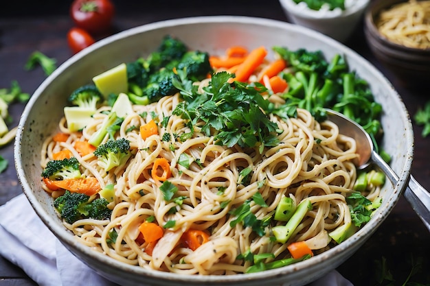 un plato de fideos servido con verduras