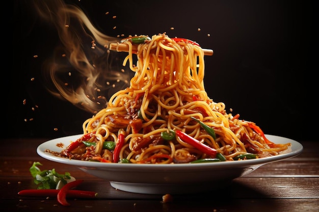 un plato de fideos siendo levantado por un tenedor