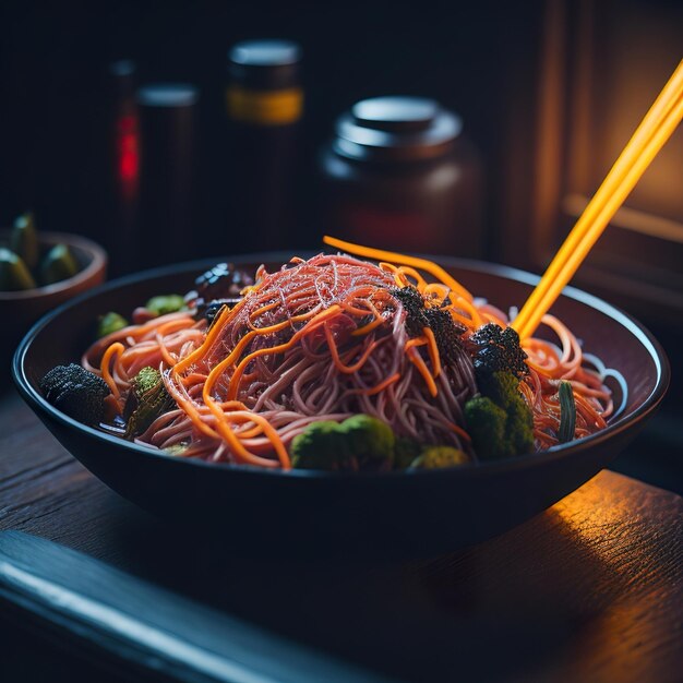 Un plato de fideos con un tenedor de plástico amarillo.