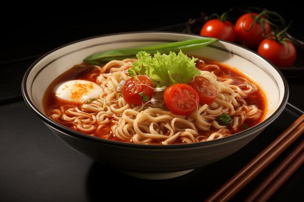 un plato de fideos con tomates y huevos